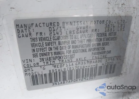 2019 Nissan Sentra S from USA, damaged, VIN 3N1AB7AP0KY291307